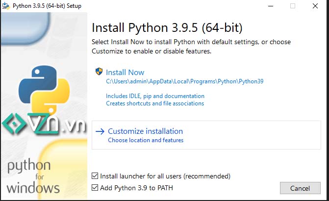Lưu ý chọn Add Python to PATH