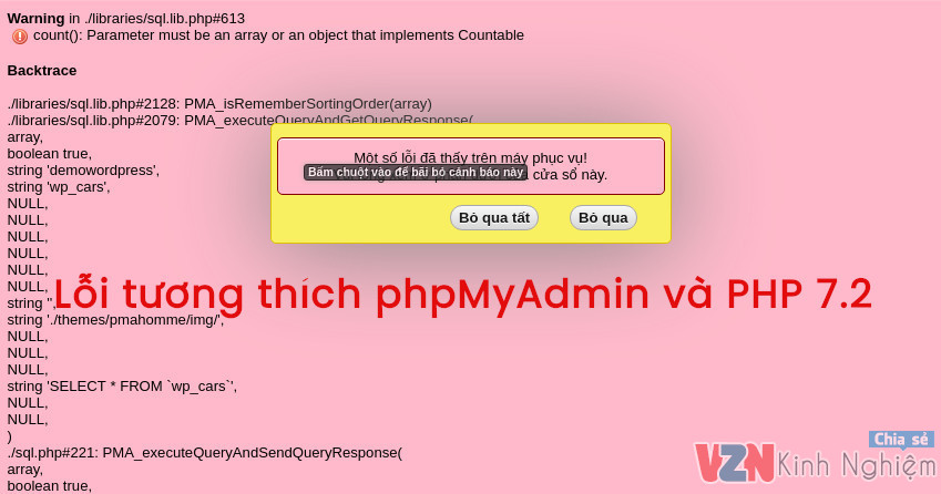 Lỗi trong phpMyAdmin với PHP 7.2: “Warning in ./libraries/sql.lib.php#613 count(): Parameter must be an array or an object that implements Countable”