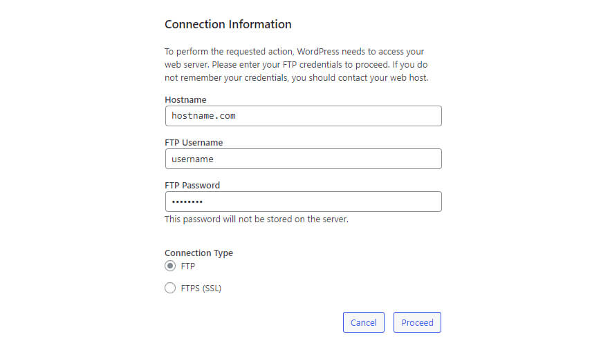 yêu cầu đăng nhập FTP khi cài đặt plugin/giao diện WordPress