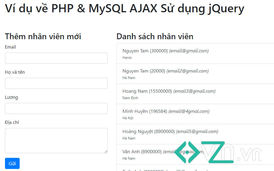 Ví dụ về PHP & MySQL AJAX Sử dụng jQuery