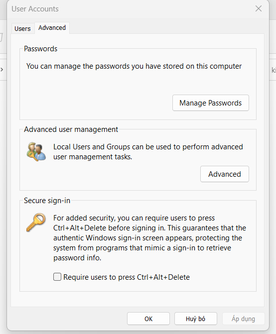 Nhấn chọn vào Tab Tab Advanced -> Nhấn chọn vào Manage Passwords